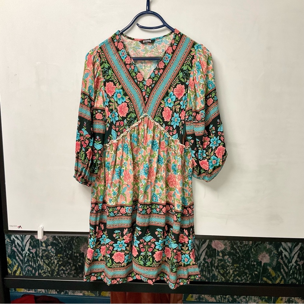 Boho Floral Mini Dress | V-Neck Empire Waist | Long Sleeve | Festival / Fall